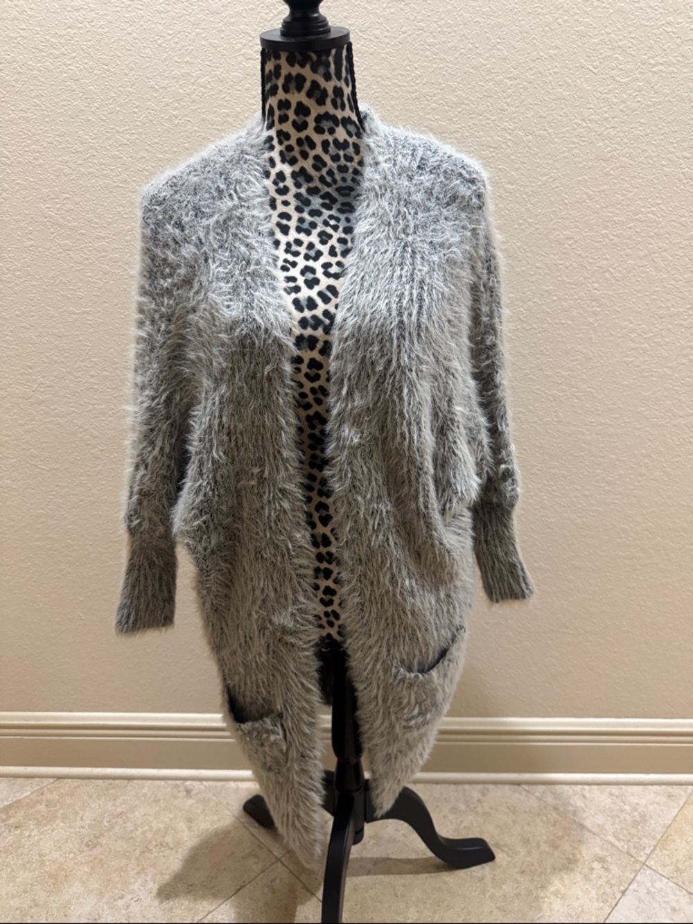 Tea n Cup Gray Fuzzy Open-Front Women's Cardigan